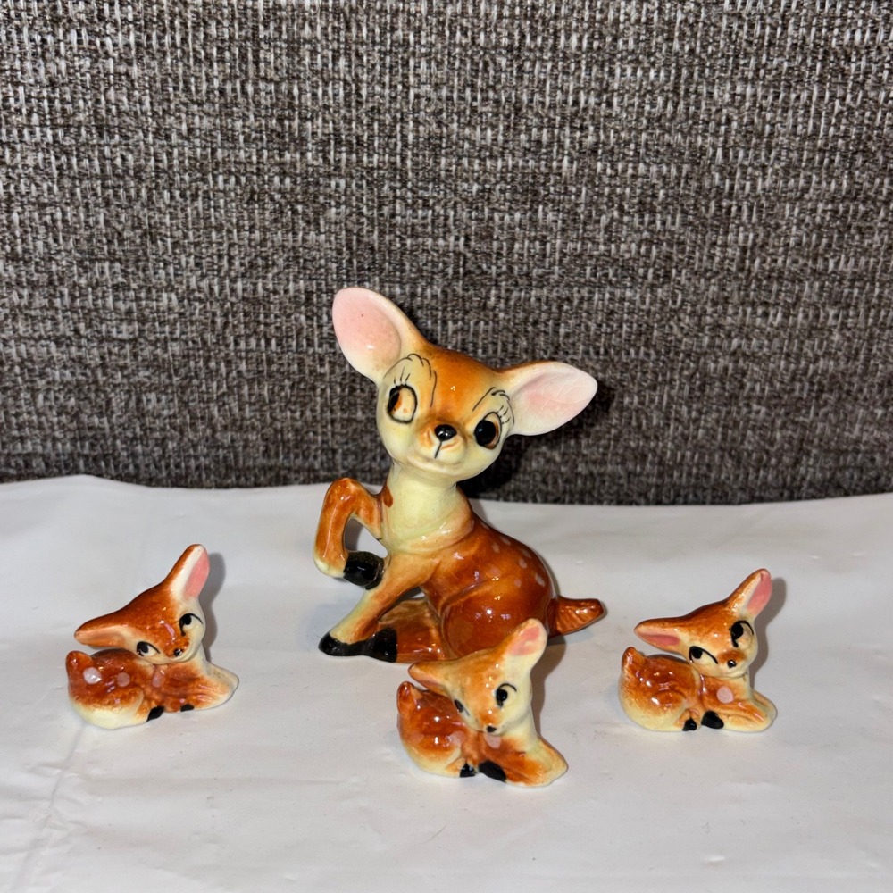 Vintage Sonsco Japan Ceramic Deer Figurine Set Doe and 3 Fawns Mid Century Brown